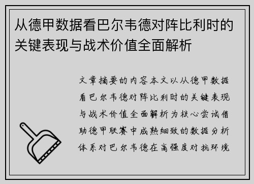 从德甲数据看巴尔韦德对阵比利时的关键表现与战术价值全面解析